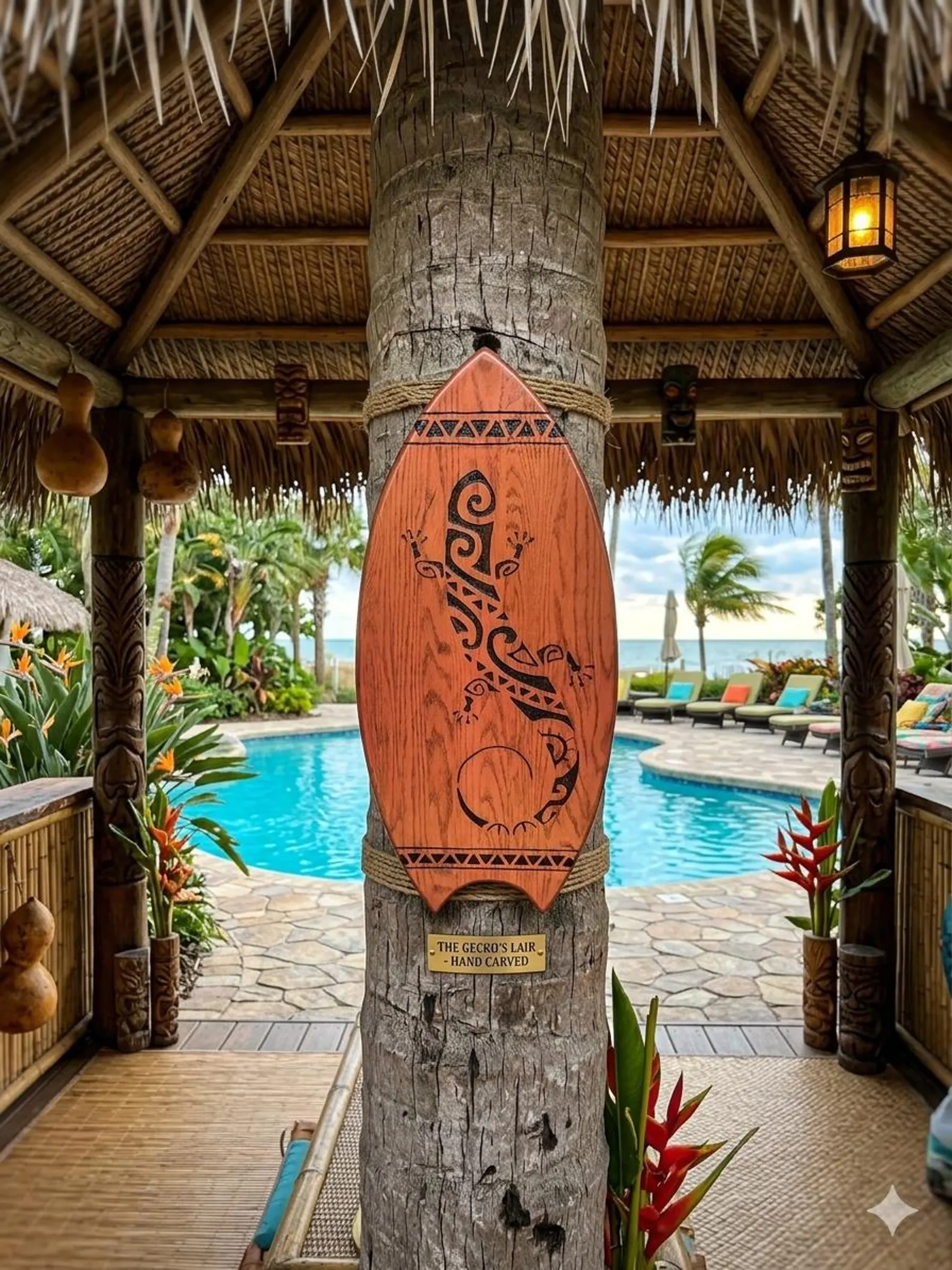 The Gecko's Lair hand-carved tropical surfboard displayed beside a pool