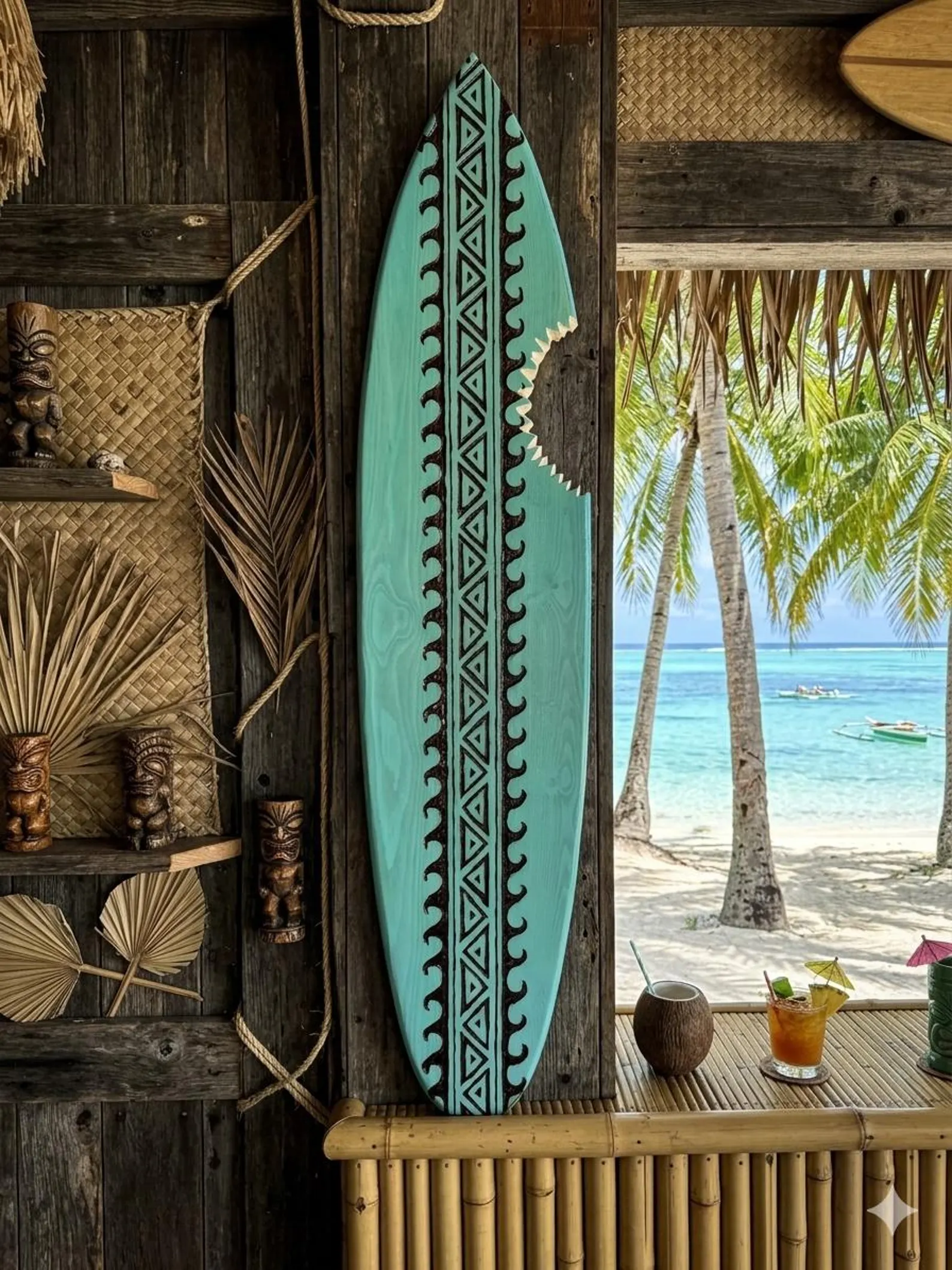 Seafoam teal wooden surfboard with a shark-bite cutout and hand-carved Polynesian-inspired center pattern overlooking a tropical beach