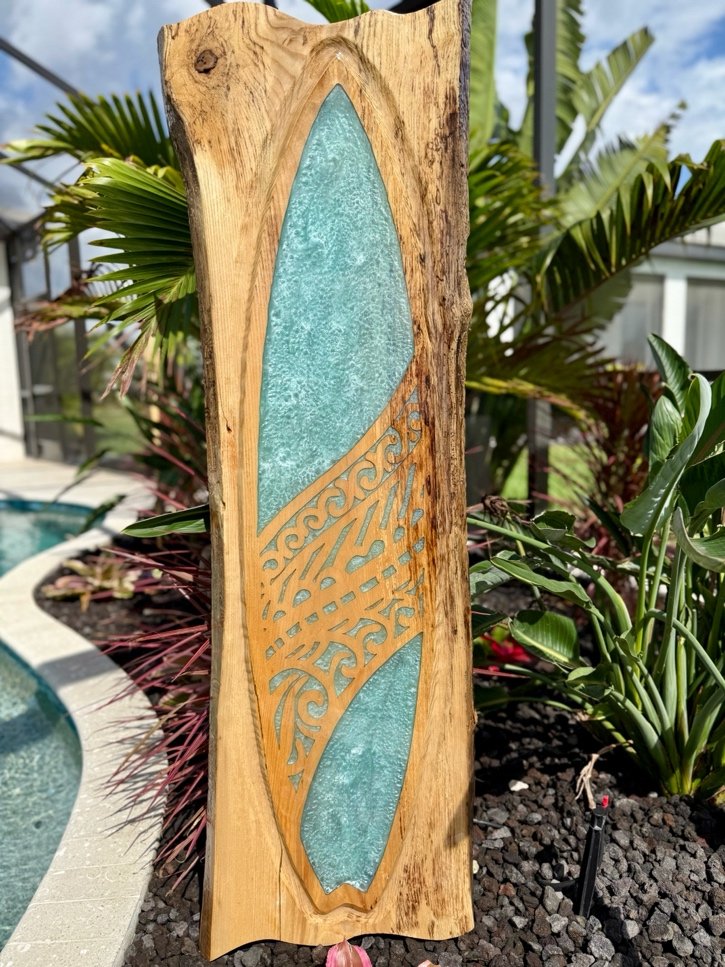 Tranquil Waters live-edge surfboard artwork