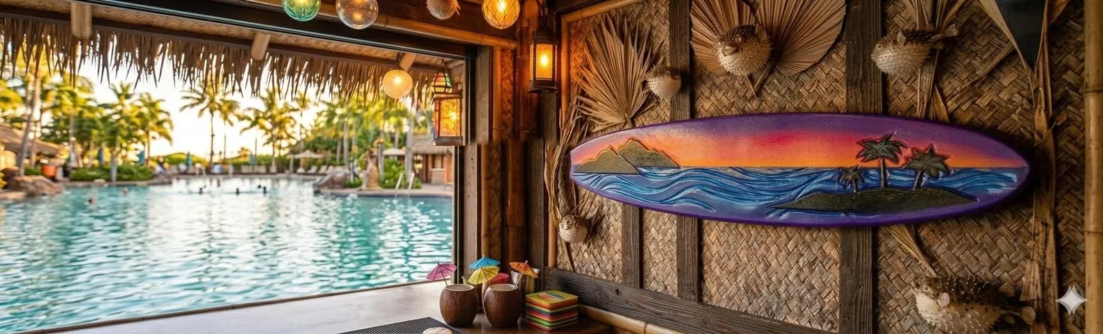 Horizontal purple surfboard carved and painted with a tropical sunset, rolling blue waves, islands, and palm trees